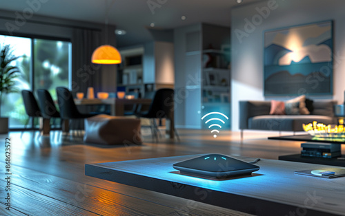 Central WiFi device spreading signals throughout a modern living room, showcasing a high-tech and ultra-realistic setting.