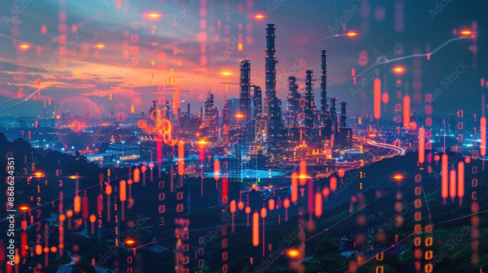 Fototapeta premium Industrial Symphony A dynamic visualization of financial data superimposed onto an industrial landscape, showcasing the interconnectedness of technology, industry, and economic growth