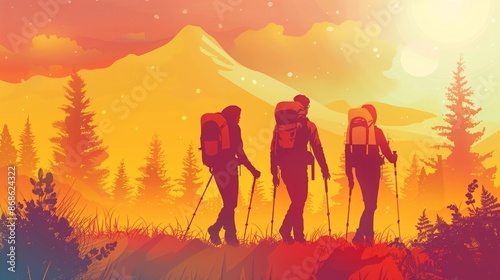 Group of friends hiking, scenic background, bright and warm colors