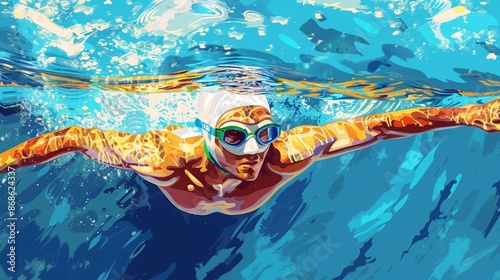 Swimmer in a pool, splashing water, bright and inviting colors