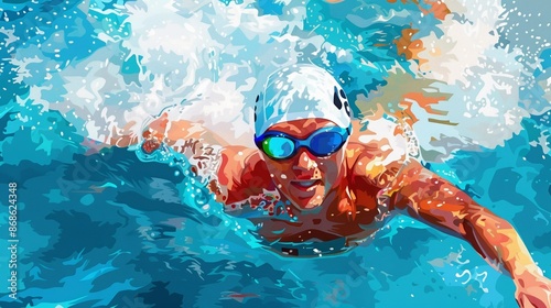 Swimmer in a pool, splashing water, bright and inviting colors