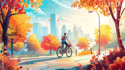 Illustration of a cyclist on a sunny day, vibrant colors, welcoming colors, city park background, nature scenery 