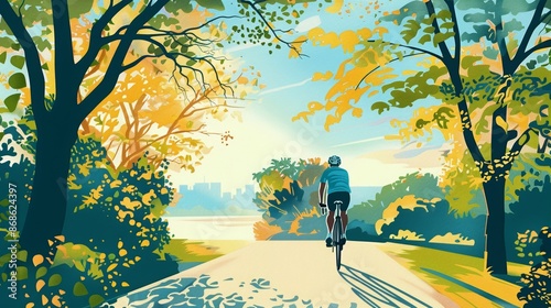 Illustration of a cyclist on a sunny day, vibrant colors, welcoming colors, city park background, nature scenery 