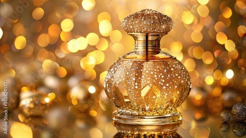 Perfume Bottle A luxurious perfume bottle, adorned with shimmering gold glitter, sits against a backdrop of gleaming gold Its presence exudes elegance and fragrance, a symbol of sophistication and exq photo