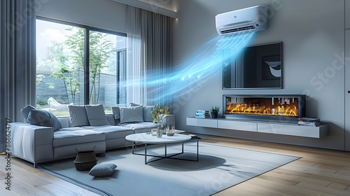 Inviting air-conditioned living room with visible cool air, An Air conditioning unit emitting a cool breeze in the summer season into a room. 
