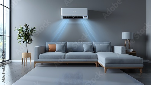 Inviting air-conditioned living room with visible cool air, An Air conditioning unit emitting a cool breeze in the summer season into a room. 