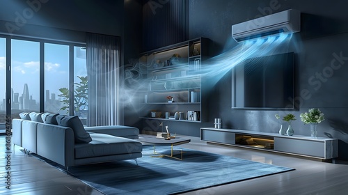 Inviting air-conditioned living room with visible cool air, An Air conditioning unit emitting a cool breeze in the summer season into a room. 