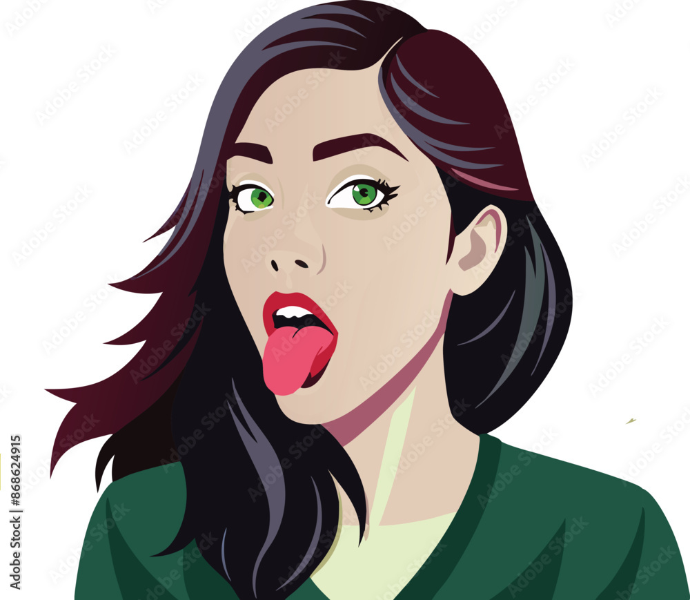Young woman sticking out her tongue with green eyes and dark hair illustration Young woman sticking out her tongue with green eyes and dark hair illustration