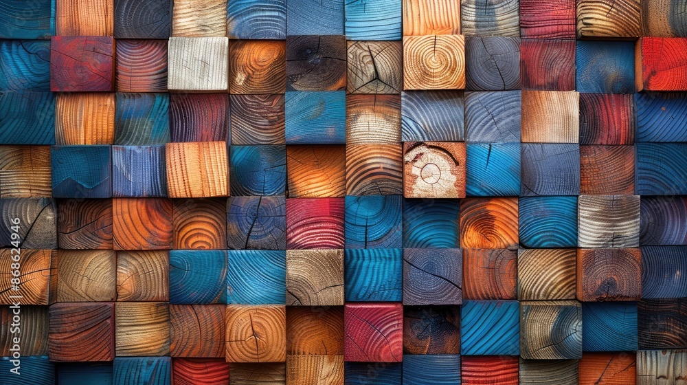 Woodscape A visually striking composition of multicolored wooden planks arranged in a patchwork pattern The wood planks display a variety of rich tones, including blues, reds, oranges, and natural w Woodscape A visually striking composition of multicolored wooden planks arranged in a patchwork pattern The wood planks display a variety of rich tones, including blues, reds, oranges, and natural w