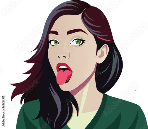 Young woman sticking out her tongue with green eyes and dark hair illustration