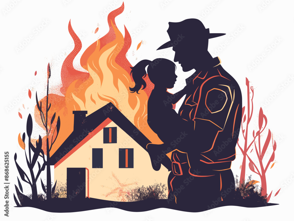Firefighter rescuing a child from a burning house, showcasing bravery ...