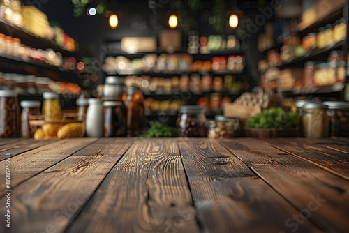 Wooden Table Top with Grocery Store Aisle © Tharshan