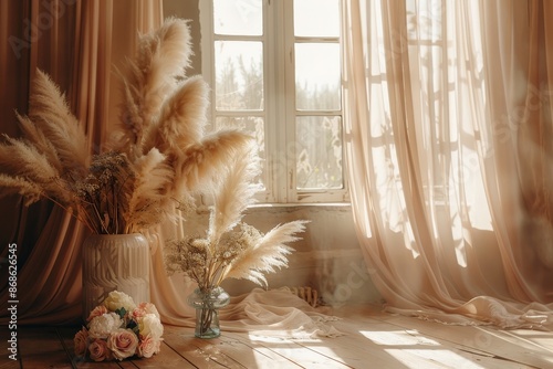 beautiful boho & Beige wedding backdrop with large pampas grass, roses and peonies in vases on the floor, delicate beige curtains, sunlight from window, professional photography, high resolution 