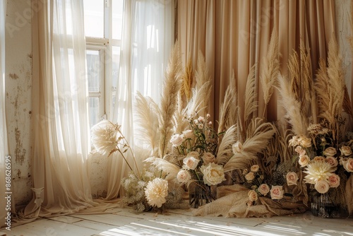 beautiful boho & Beige wedding backdrop with large pampas grass, roses and peonies in vases on the floor, delicate beige curtains, sunlight from window, professional photography, high resolution 