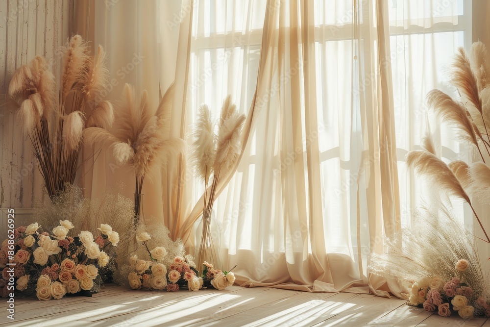 beautiful boho & Beige wedding backdrop with large pampas grass, roses and peonies in vases on the floor, delicate beige curtains, sunlight from window, professional photography, high resolution beautiful boho & Beige wedding backdrop with large pampas grass, roses and peonies in vases on the floor, delicate beige curtains, sunlight from window, professional photography, high resolution