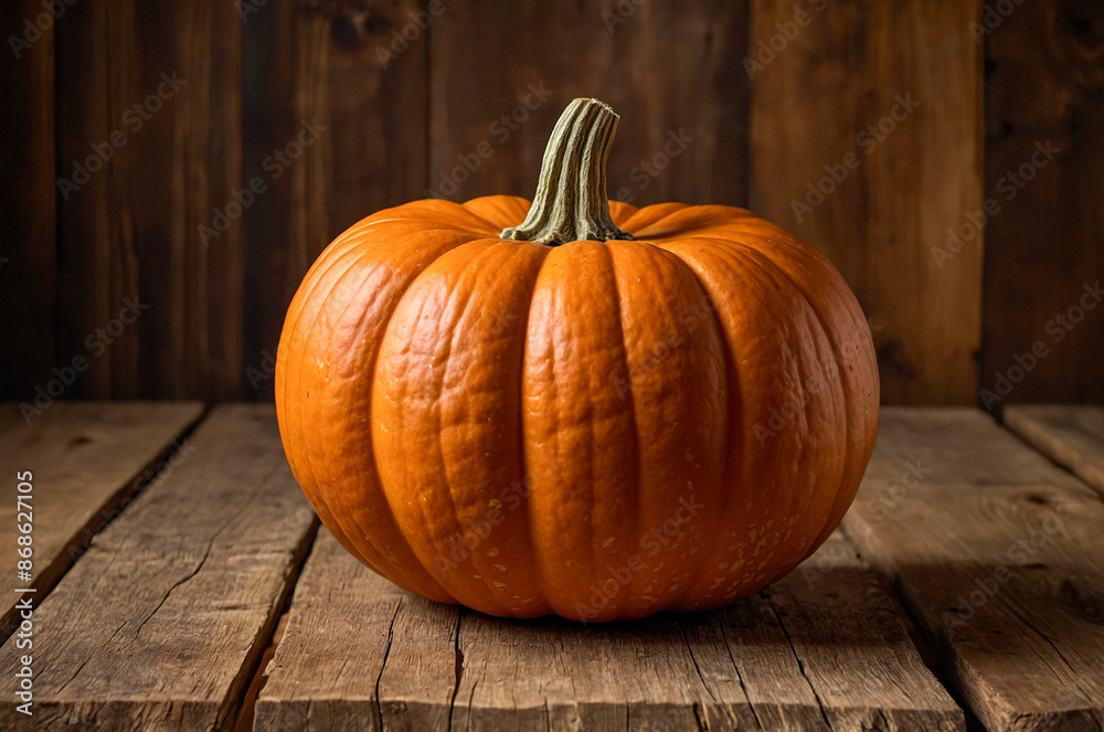 Autumn Icon: A Classic Pumpkin Rests on Rustic Wood Autumn Icon: A Classic Pumpkin Rests on Rustic Wood
