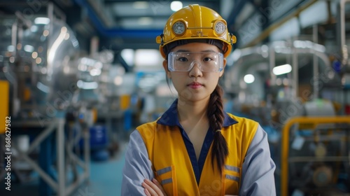 Asian female engineer in uniform and safety goggles standing in a factory workshop