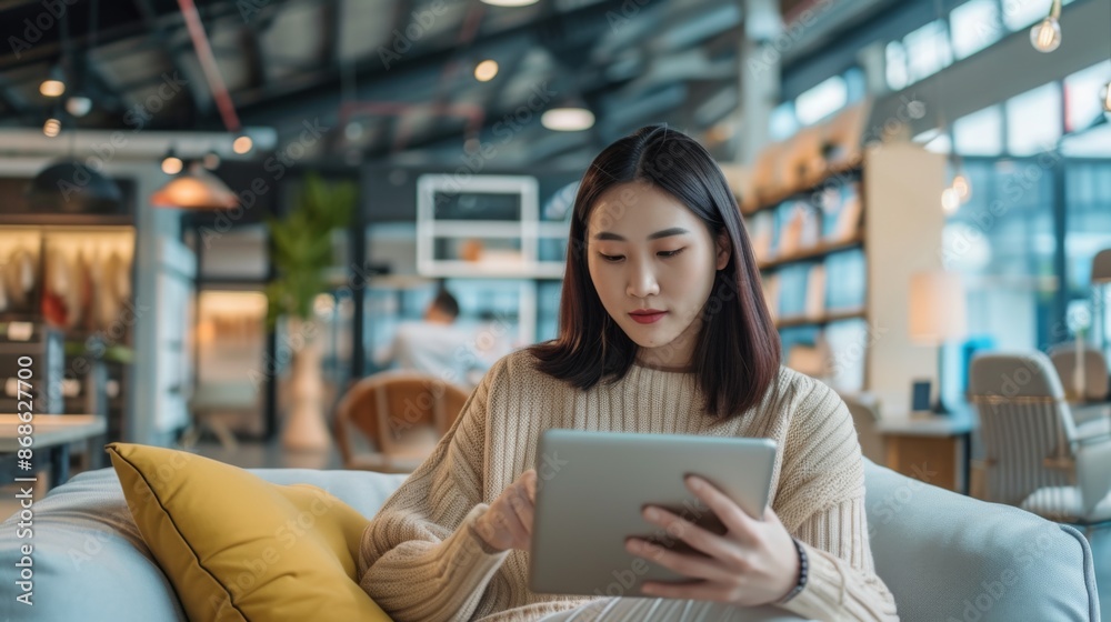 A smart casual Asian female entrepreneur is in a stylish showroom office using a tablet to manage inventory A smart casual Asian female entrepreneur is in a stylish showroom office using a tablet to manage inventory