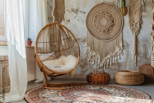 bohemian interior design style- reading nook with a hanging rattan chair, cozy floor pouf, and a macrame wall hanging