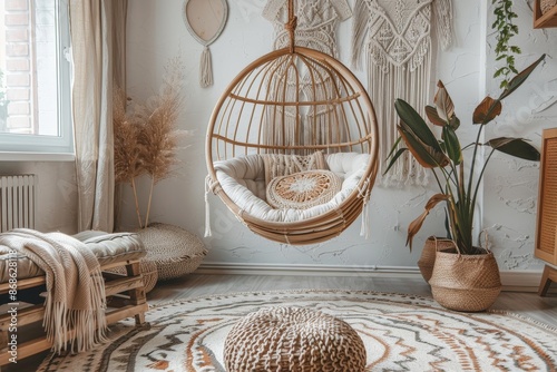 bohemian interior design style- reading nook with a hanging rattan chair, cozy floor pouf, and a macrame wall hanging