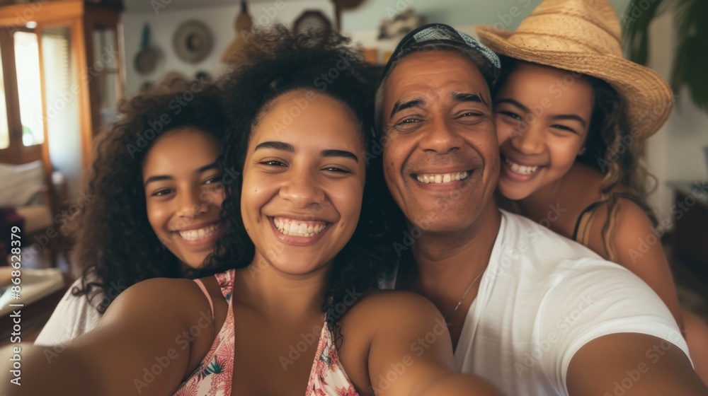 A family is gathered in their living room smiling and posing for a selfie to capture a joyful moment