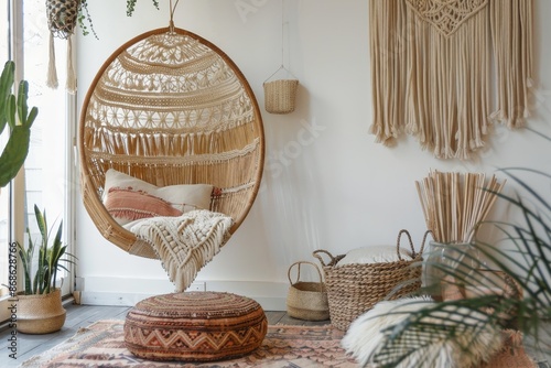 bohemian interior design style- reading nook with a hanging rattan chair, cozy floor pouf, and a macrame wall hanging