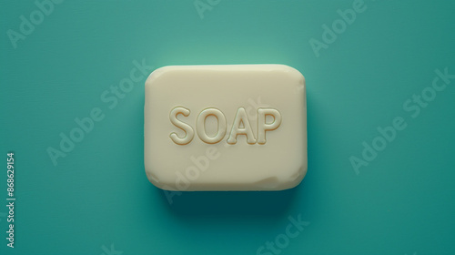 A white bar of soap with the word soap written on it © Meritxell Cid