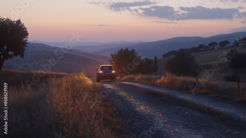 A little seat arona at dusk on a route through a hilly area very detailed and realistic shape