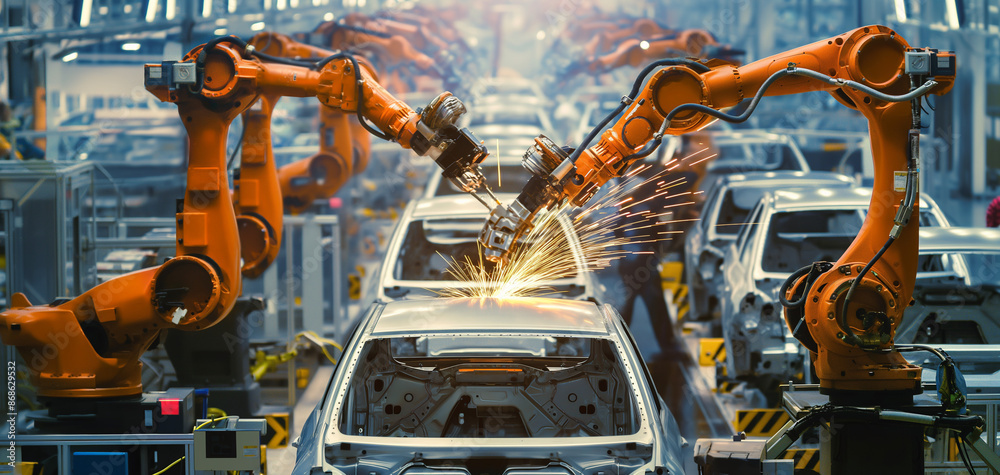 Robotic assembly line in an automotive factory