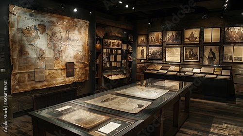 A detailed historical display at a museum, featuring artifacts and documents related to the abolition of the slave trade. Visitors are seen exploring and learning, with the setting emphasizing photo
