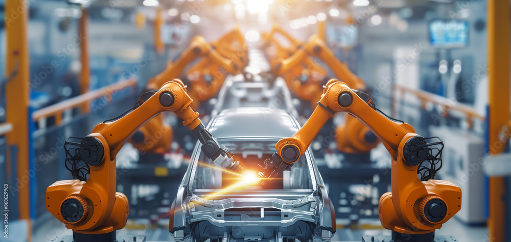 Robotic assembly line in an automotive factory Robotic assembly line in an automotive factory