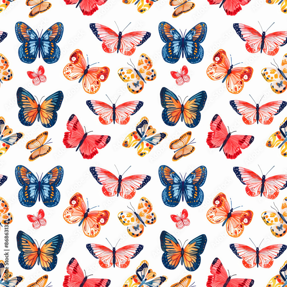 Colorful butterflies in a seamless pattern on a white background. Colorful butterflies in a seamless pattern on a white background.