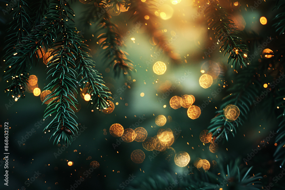Evergreen branches adorned with golden lights that scatter a soft, shimmering bokeh effect, creating a festive and magical winter scene filled with warmth and sparkle Evergreen branches adorned with golden lights that scatter a soft, shimmering bokeh effect, creating a festive and magical winter scene filled with warmth and sparkle