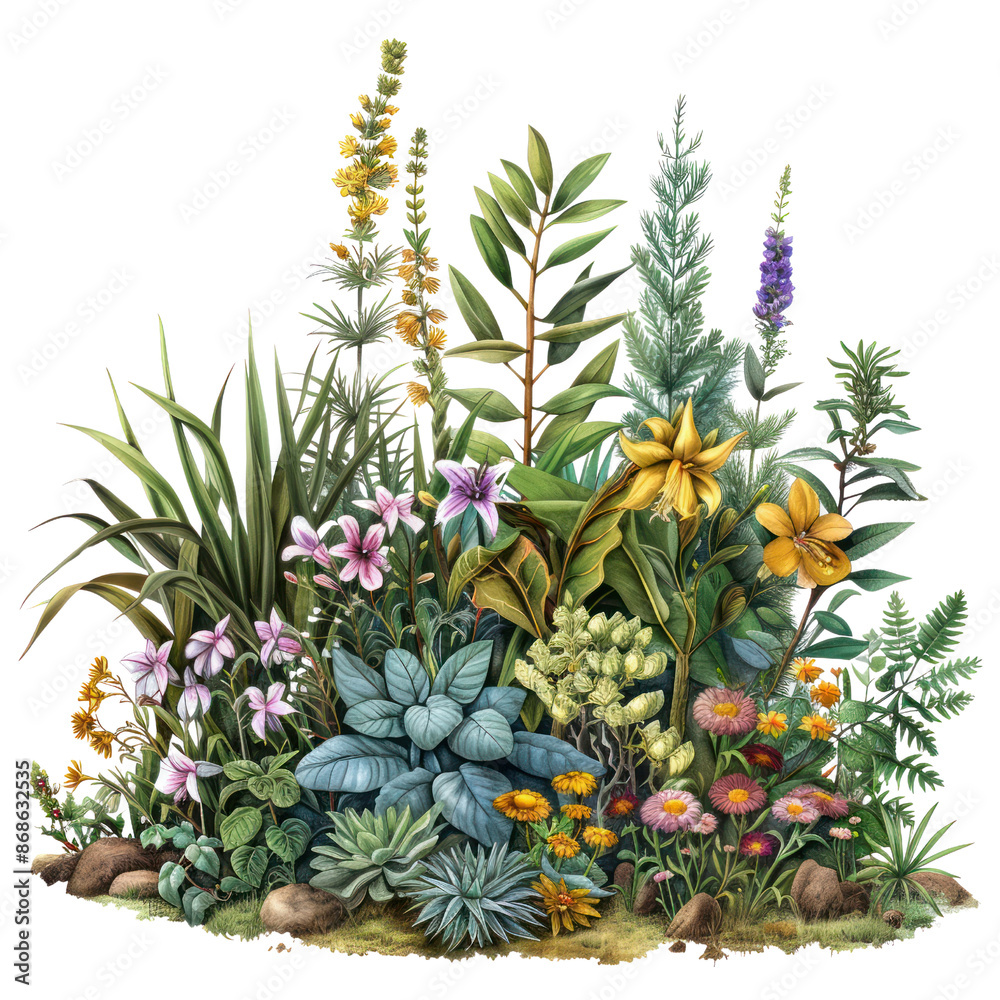 Fototapeta premium A beautiful variety of colorful wildflowers and lush greenery, showcasing the diversity and vibrancy of nature's flora.