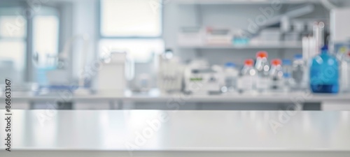 Wallpaper Mural Modern laboratory background with empty table. Blurred lab interior with empty white table for product display. Torontodigital.ca