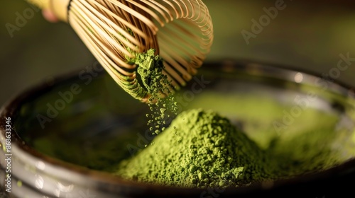 A close-up of vibrant green matcha powder being sifted into a bowl, with a bamboo whisk ready for mixing.  photo