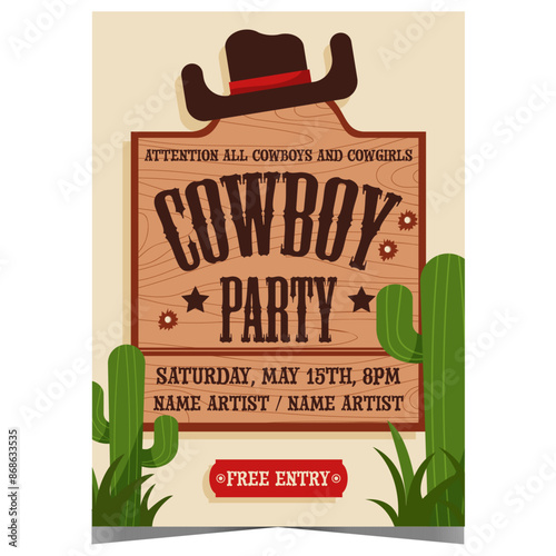 Cowboy party invitation poster or banner with Stetson hat on the bulletin board riddled with bullets. Vector illustration for the western traditional entertainment event, culture show and festival.