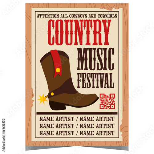 Country music festival banner or flyer with cowboy boot in the background. Vector invitation for live show, traditional concert or western culture event with South American ballads and folk lyrics.