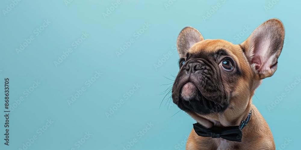 French Bulldog puppy with a bowtie, looking up while thinking, plain light blue studio backdrop, ample copy space on the right. French Bulldog puppy with a bowtie, looking up while thinking, plain light blue studio backdrop, ample copy space on the right.