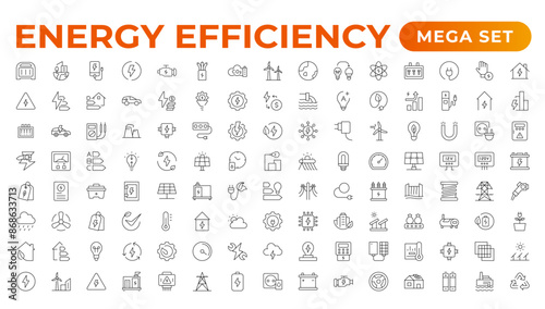 "Energy efficiency icon set. Calculator, energy-saving light bulb, piggy bank, solar panel, circular economy, battery, home insulation, energy class vector illustration.