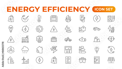 "Energy efficiency icon set. Calculator, energy-saving light bulb, piggy bank, solar panel, circular economy, battery, home insulation, energy class vector illustration.