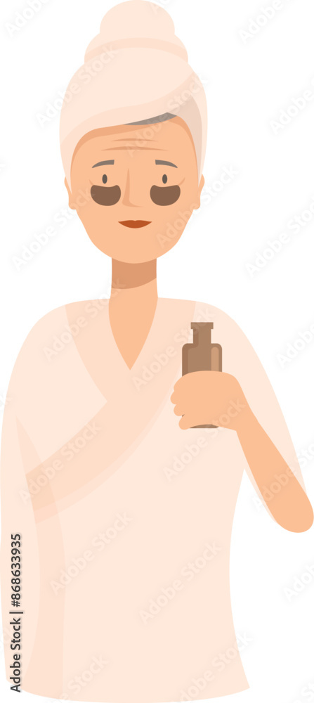 Older woman is wearing a bathrobe and under eye patches, holding a bottle of beauty serum Older woman is wearing a bathrobe and under eye patches, holding a bottle of beauty serum