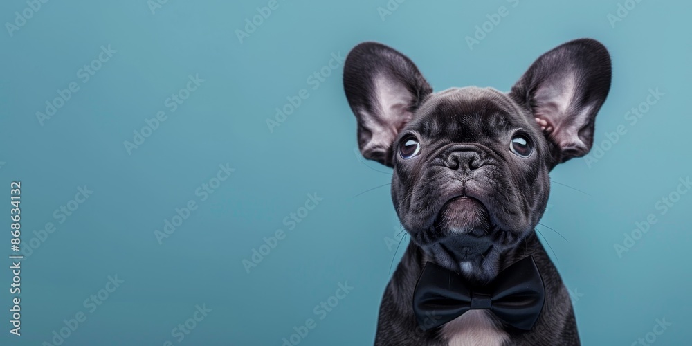 French Bulldog puppy with a bowtie, looking up, plain light blue background, ample text space on the right. French Bulldog puppy with a bowtie, looking up, plain light blue background, ample text space on the right.