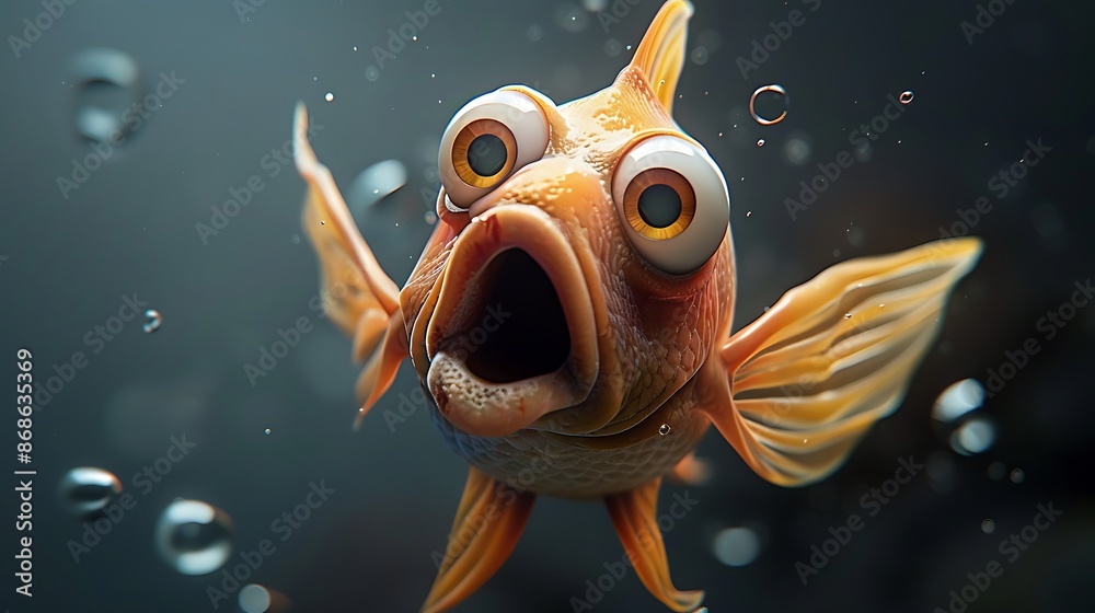 A scared and surprised fish with large eyes and an open mouth very detailed and realistic shape