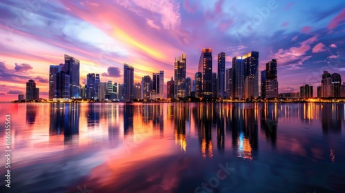 City skyline at twilight cityscape with colorful sky