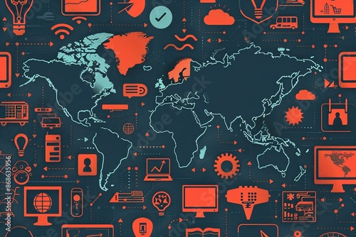 seamless pattern flat illustration style, world map shield and monitor LP GD
