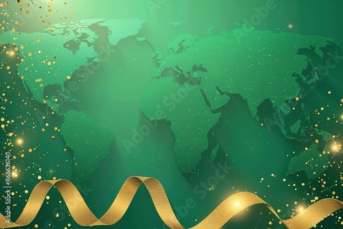 seamless pattern flat illustration style, world map modern conceptual 3d gold curved green ribbon on bright green background with lighting effect and sparkle with copy space for text