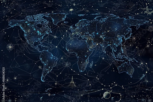 seamless pattern flat illustration style, world map modern conceptual image of a world map in the form of a starry sky or space, consisting of points, 