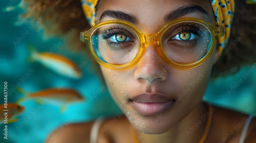 Young woman in stylish yellow glasses and a headband enjoys a peaceful swim in a pool with colorful fish, capturing her relaxation and summer bliss