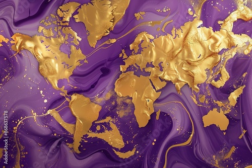 seamless pattern flat illustration style, world map Luxury gold and violet liquid paint background, fluid splash, swirl on bright. Close up glossy texture. Mix color liquid splashes. Digital art